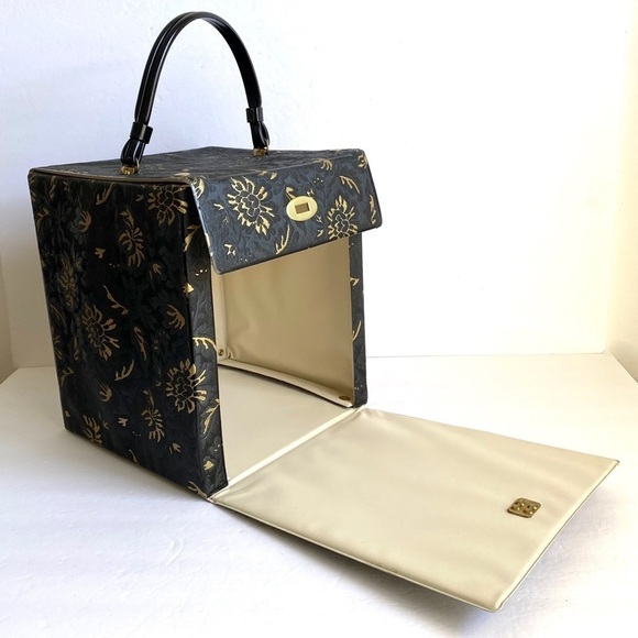 Vintage Hat Box Black & Gold Brocade Travel Bag - Picture 7 of 8